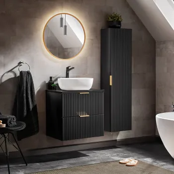 Set mobilier Adel Black Smile 60 cm, dulap inalt, masca cu lavoar si oglinda, Comad, MDF/PAL, negru imagine