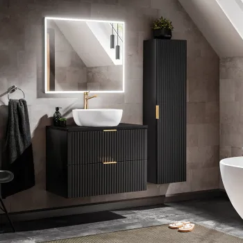 Set mobilier Adel Black Smile 80 cm, dulap inalt, masca cu lavoar si oglinda, Comad, MDF/PAL, negru imagine