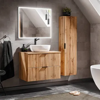 Set mobilier Adel Oak 60 cm, dulap inalt, masca cu lavoar si oglinda LED, Comad, MDF/PAL, stejar imagine