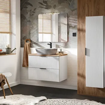 Set mobilier Adel White Anna 80 cm, dulap inalt, masca cu lavoar si oglinda cu LED, Comad, alb imagine