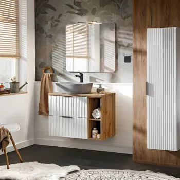 Set mobilier Adel White Wotan Anna, dulap inalt, masca cu lavoar si oglinda cu LED, Comad, alb/stejar imagine