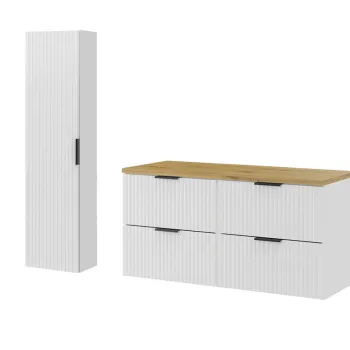 Set mobilier baie Adel White Artisan 120 cm HC, dulap inalt si masca dubla lavoar, Comad, MDF/PAL, alb mat/stejar imagine