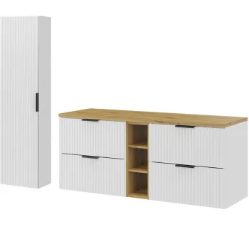 Set mobilier baie Adel White Artisan 140 cm HC, dulap inalt si masca dubla lavoar, Comad, MDF/PAL, alb mat/stejar imagine