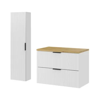 Set mobilier baie Adel White Artisan 80 cm HC, dulap inalt si masca lavoar, Comad, MDF/PAL, alb mat/stejar imagine