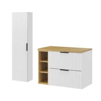 Set mobilier baie Adel White Artisan 80 cm LR HC, dulap inalt si masca lavoar, Comad, MDF/PAL, alb mat/stejar imagine
