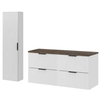 Set mobilier baie Adel White Vintage 120 cm HC, dulap inalt si masca dubla lavoar, Comad, MDF/PAL, alb mat/stejar vintage imagine