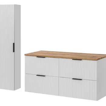 Set mobilier baie Adel White Wotan 120 cm HC, dulap inalt si masca dubla lavoar, Comad, MDF/PAL, alb mat/stejar imagine