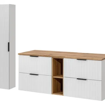 Set mobilier baie Adel White Wotan 140 cm HC, dulap inalt si masca dubla lavoar, Comad, MDF/PAL, alb mat/stejar imagine