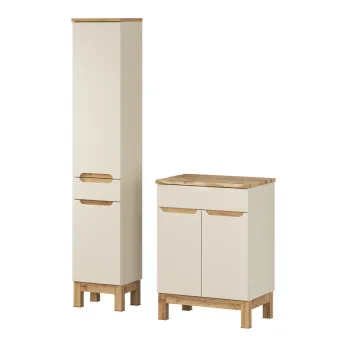 Set mobilier baie Bali Cashmere Natural Wotan 60 cm HC, dulap inalt si masca lavoar, Comad, MDF/PAL, casmir imagine