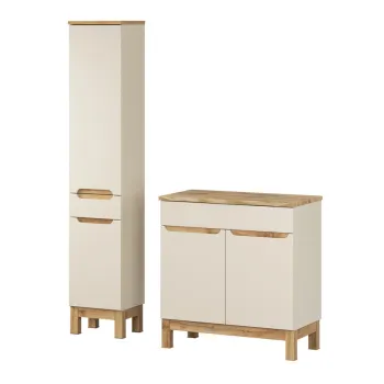 Set mobilier baie Bali Cashmere Natural Wotan 80 cm HC, dulap inalt si masca lavoar, Comad, MDF/PAL, casmir imagine