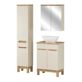 Set mobilier baie Bali Cashmere Wotan 60 cm, dulap inalt, masca cu lavoar si cabinet cu oglinda, Comad, MDF/PAL, casmir imagine