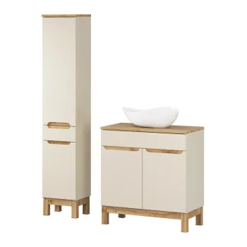 Set mobilier baie Bali Cashmere Wotan 80 cm HC LC, dulap inalt si masca cu lavoar, Comad, MDF/PAL, casmir imagine