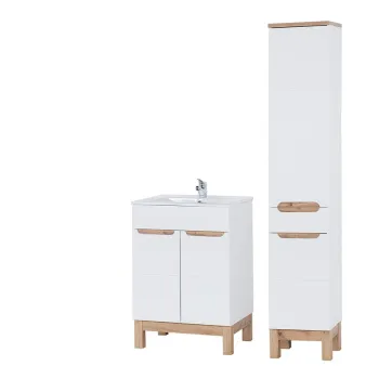 Set mobilier baie Bali White Lava 60 cm, dulap inalt si masca cu lavoar, Comad, MDF/PAL, alb imagine