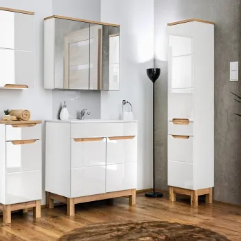 Set mobilier baie Bali White Lava 80 cm, dulapuri, masca cu lavoar si cabinet cu oglinda, Comad, MDF/PAL, alb imagine