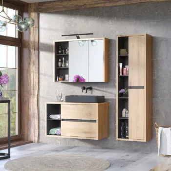Set mobilier baie Devon 100 cm, dulap inalt, masca cu lavoar si cabinet cu oglinda, Comad, PAL, stejar/negru imagine