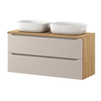 Set mobilier baie, dulap cu sertare si 2 lavoare, 120 cm S Un Smile, Ocean Beige, Comad, MDF/PAL laminat, stejar imagine