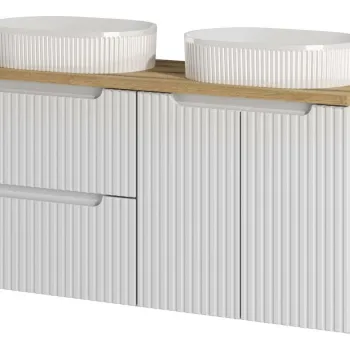 Set mobilier baie, dulap dublu si 2 lavoare, 120 cm D Un Beyond, Nova White Oak, Comad, MDF/PAL laminat, alb mat imagine