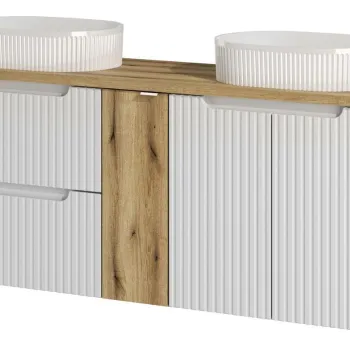Set mobilier baie, dulap dublu si 2 lavoare, 140 cm D Un Beyond, Nova White Oak, Comad, MDF/PAL laminat, alb mat imagine