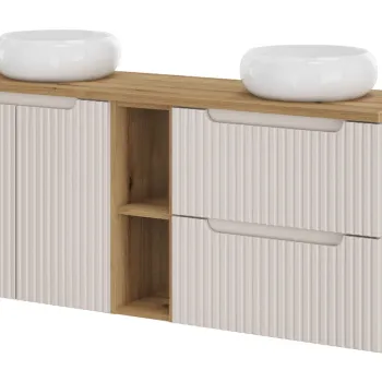 Set mobilier baie, dulap dublu si 2 lavoare, 140 cm, Nova Cashmere Oak, Comad, MDF/PAL laminat, casmir mat imagine
