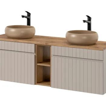 Set mobilier baie, dulap dublu si 2 lavoare, 140 cm Wiki Coast Evoke, Iconic Cashmere Oak, Comad, MDF/PAL laminat, casmir mat imagine