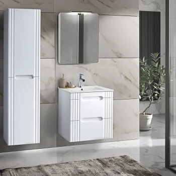 Set mobilier baie Fiji White 60 cm, dulap inalt, masca cu lavoar si oglinda, Comad, MDF/PAL, alb imagine
