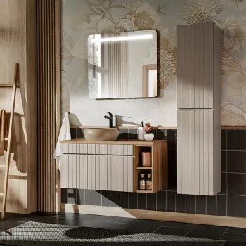 Set mobilier baie Iconic Cashmere 100 cm, dulap inalt si masca cu lavoar, Comad, MDF/PAL, casmir imagine
