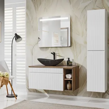 Set mobilier baie Iconic White 100 cm, dulap inalt, masca cu lavoar si oglinda, Comad, MDF/PAL, alb imagine