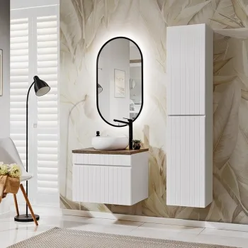 Set mobilier baie Iconic White 60 cm, dulap inalt, masca cu lavoar si oglinda LED, Comad, MDF/PAL, alb imagine