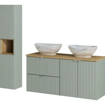 Set mobilier baie Line Reed Green 120 cm, dulap inalt si masca dubla cu lavoar, Comad, MDF/PAL, verde imagine