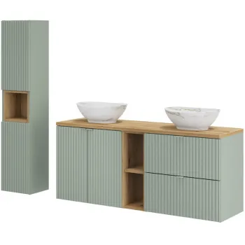 Set mobilier baie Line Reed Green 140 cm, dulap inalt si masca dubla cu lavoar, Comad, MDF/PAL, verde imagine