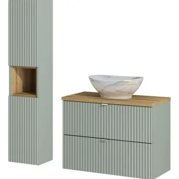Set mobilier baie Line Reed Green 80 cm, dulap inalt si masca cu lavoar, Comad, MDF/PAL, verde imagine