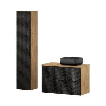 Set mobilier baie Luxor Black 90 cm, dulap inalt si masca cu lavoar, Comad, MDF/PAL, stejar/negru imagine