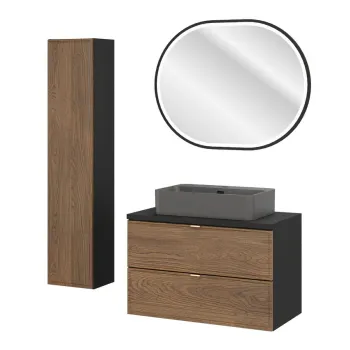 Set mobilier baie, masca cu lavoar, dulap inalt si oglinda LED, 80 cm Trust, Talia Casella Black, Comad, MDF/PAL laminat, stejar casella/negru mat imagine