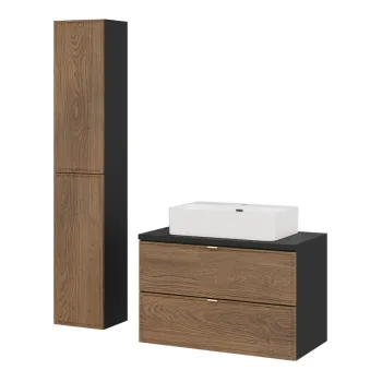 Set mobilier baie, masca cu lavoar si dulap inalt, 80 cm Trust, Talia Casella Black, Comad, MDF/PAL laminat, stejar casella/negru mat imagine