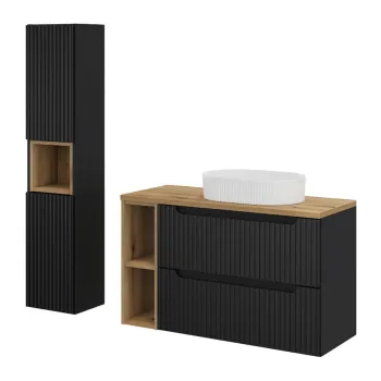 Set mobilier baie Nova Black Beyond 100 cm, dulap inalt si masca cu lavoar, Comad, MDF/PAL, negru/stejar imagine