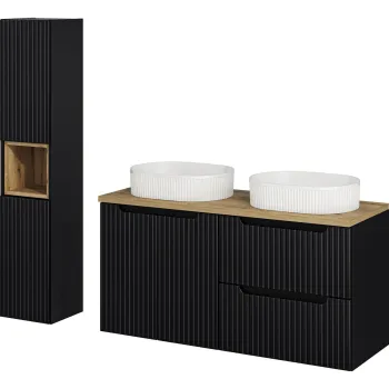 Set mobilier baie Nova Black Beyond 120 cm, dulap inalt si masca dubla cu lavoar, Comad, MDF/PAL, negru/stejar imagine