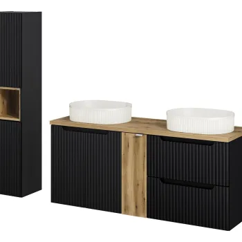 Set mobilier baie Nova Black Beyond 140 cm, dulap inalt si masca dubla cu lavoar, Comad, MDF/PAL, negru/stejar imagine