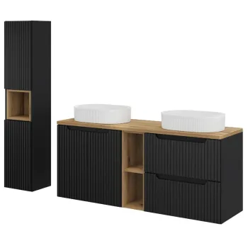 Set mobilier baie Nova Black Beyond 140 cm, dulap inalt si masca dubla cu lavoar si raft, Comad, MDF/PAL, negru/stejar imagine