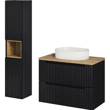 Set mobilier baie Nova Black Beyond 80 cm, dulap inalt si masca cu lavoar, Comad, MDF/PAL, negru/stejar imagine
