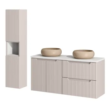 Set mobilier baie Nova Cashmere 120 cm, dulap inalt si masca dubla cu lavoar, Comad, MDF/PAL, casmir/alb imagine