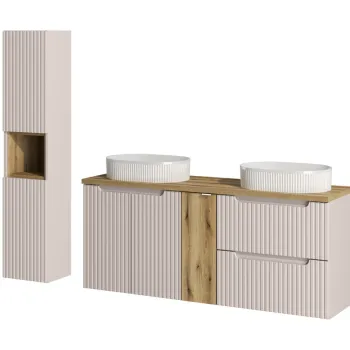 Set mobilier baie Nova Cashmere 140 cm, dulap inalt si masca dubla cu lavoar, Comad, MDF/PAL, casmir imagine