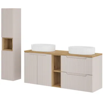 Set mobilier baie Nova Cashmere Beyond 140 cm, dulap inalt si masca dubla cu lavoar, Comad, MDF/PAL, casmir imagine