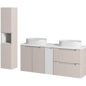 Set mobilier baie Nova Cashmere Beyond 140 cm, dulap inalt si masca dubla cu lavoar, Comad, MDF/PAL, casmir/alb imagine
