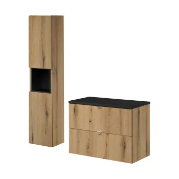 Set mobilier baie Nova Coast Evoke 80 cm S, dulap inalt si masca lavoar, Comad, MDF/PAL, stejar/negru imagine