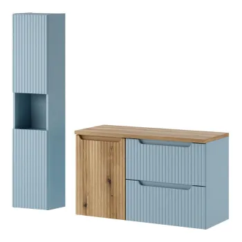Set mobilier baie Nova Denim 100 cm, dulap inalt si masca lavoar cu cos de rufe integrat, Comad, MDF/PAL, albastru denim imagine