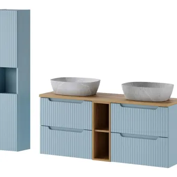 Set mobilier baie Nova Denim Anna 140 cm, dulap inalt si masca dubla cu lavoar, Comad, MDF/PAL, albastru denim imagine