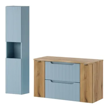 Set mobilier baie Nova Denim Oak 100 cm, dulap inalt si masca lavoar, Comad, MDF/PAL, albastru denim imagine