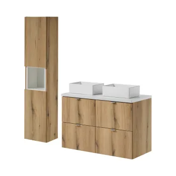 Set mobilier baie Nova Oak 100 cm, dulap inalt si masca dubla cu lavoar, Comad, MDF/PAL, stejar/alb imagine