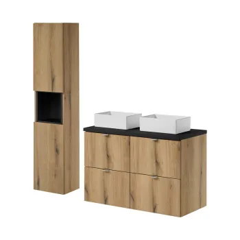 Set mobilier baie Nova Oak 100 cm, dulap inalt si masca dubla cu lavoar, Comad, MDF/PAL, stejar/negru imagine