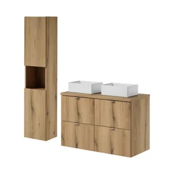 Set mobilier baie, Nova Oak 100 cm, dulap inalt si masca dubla cu lavoar, Comad, PAL, stejar imagine